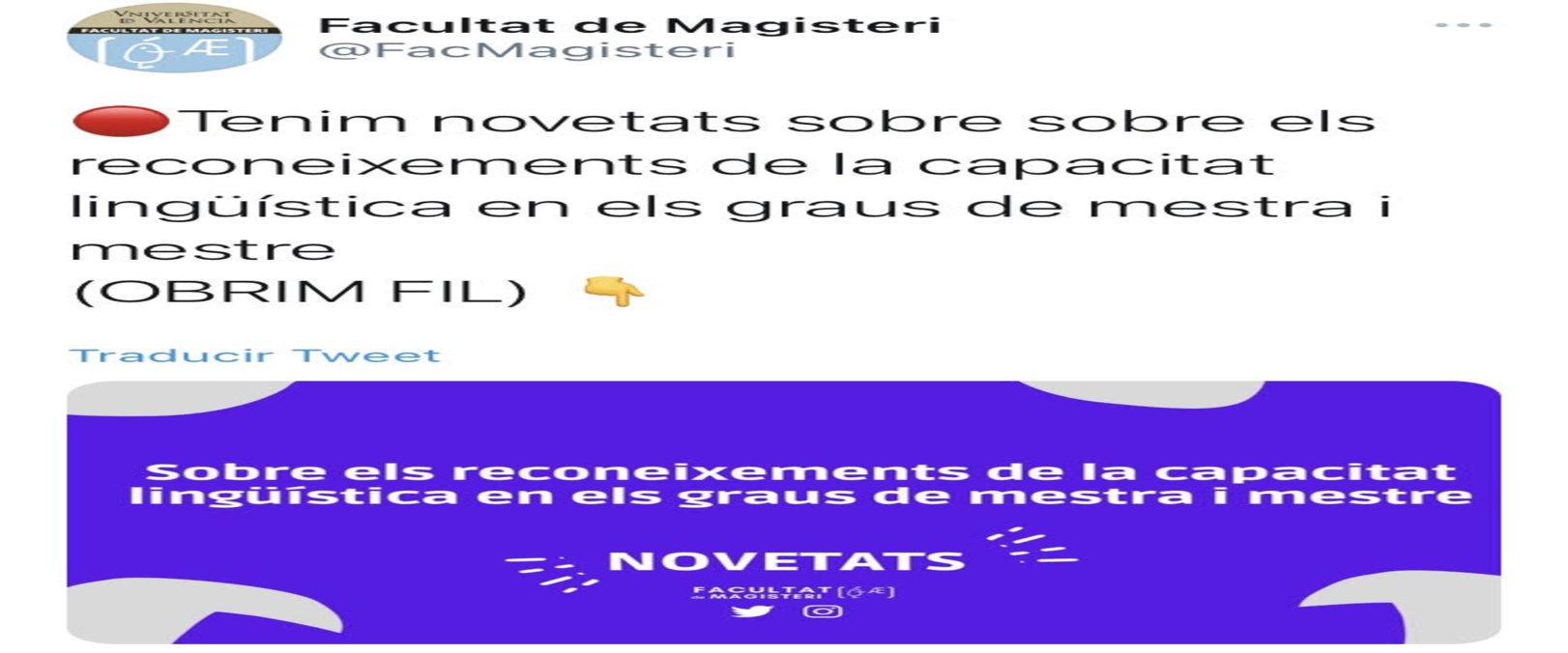 Tweet publicado por parte de Facultat de Magisteri en su cuenta oficial de Twitter que contiene la explicación de la resolución. TWITTER
