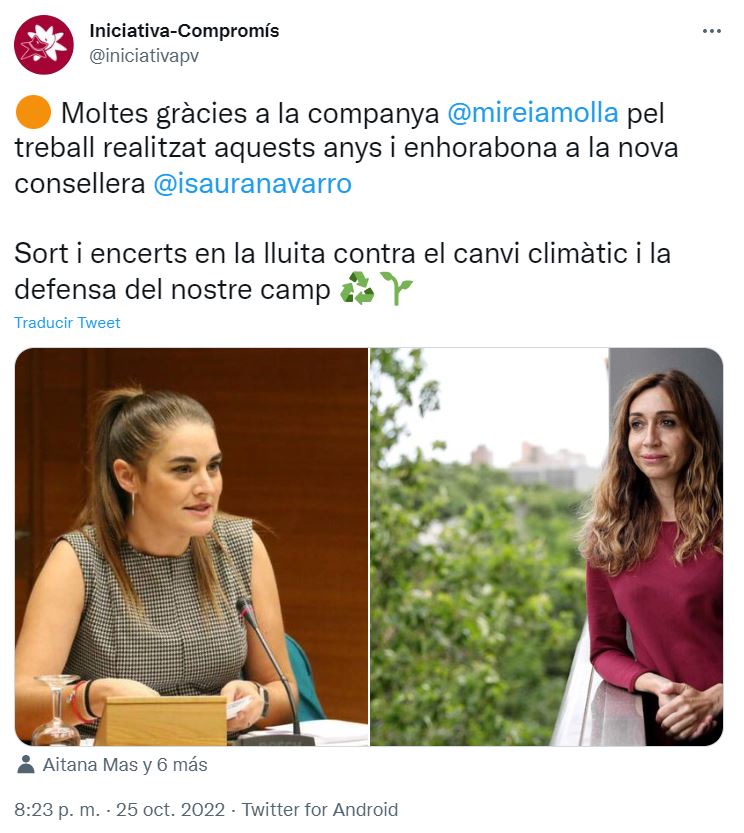 Tweet d'Iniciativa d'agraïment a Mollà i benvinguda a Navarro