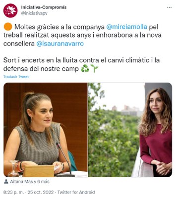 Tweet d'Iniciativa d'agraïment a Mollà i benvinguda a Navarro