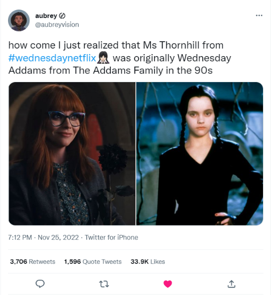 Imagen extraída de Twitter en la que aparece Christina Ricci interpretando Miércoles Addams en las películas de los 90